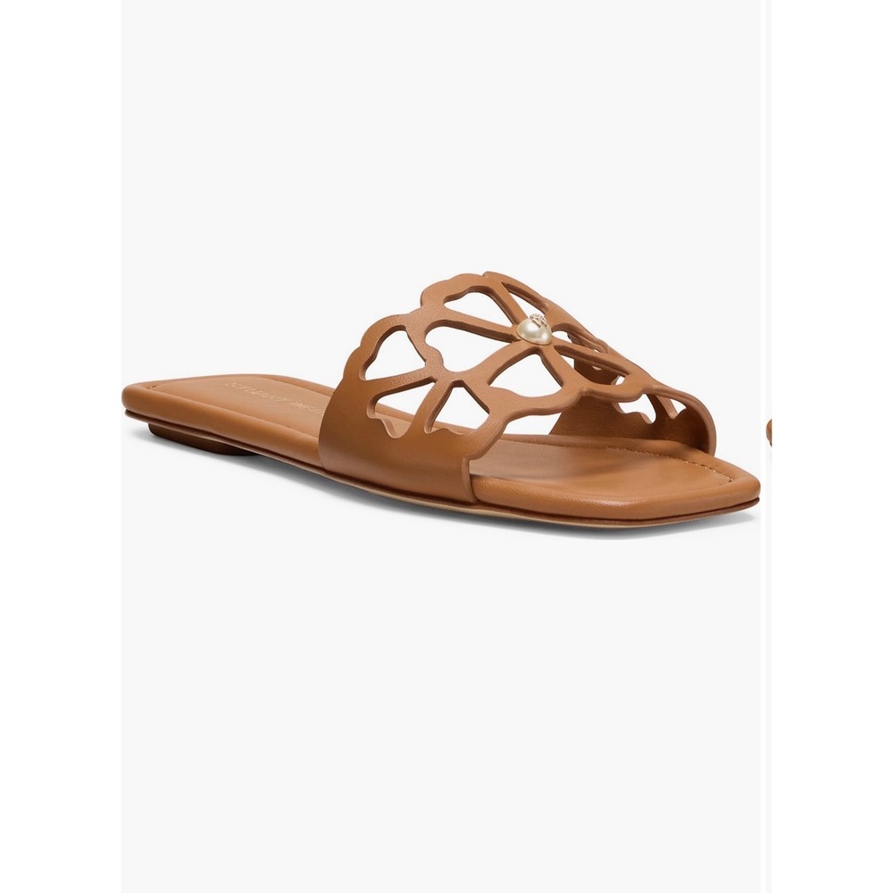 Stuart Weitzman Goldie Flat Slide Sandals Macchiato Brown Leather Pearl 8B